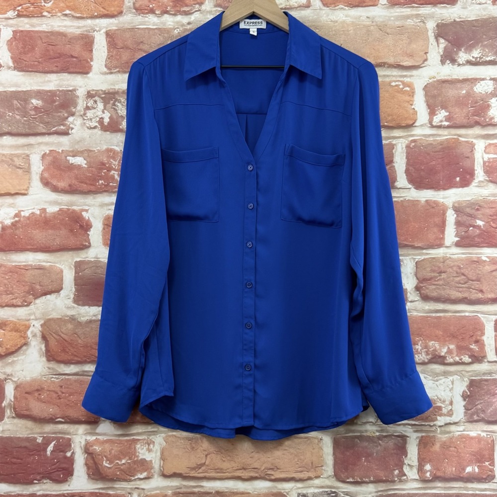 Express The Portofino Shirt Women's L Plain Blue Button Up Work Career Wear Top